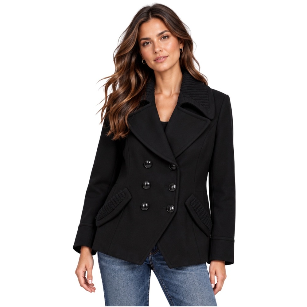 Trina Turk Pea Coat Womens Size 10 Black Lambswool Double Breasted Knit Collar
